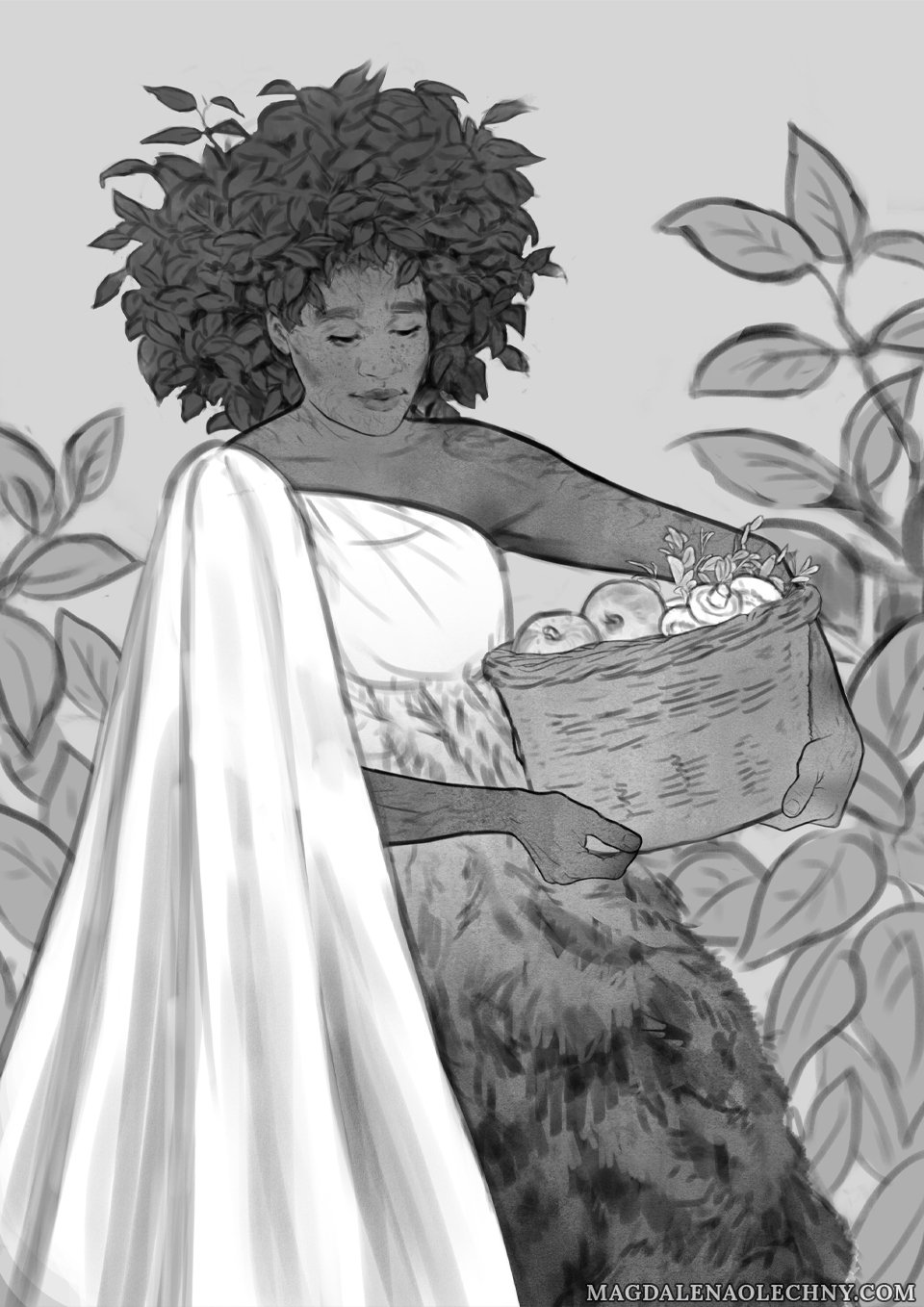 Digital sketch of Yavanna, a character from Silmarillion by J.R.R. Tolkien. She has leaf hair, a dress adorned with coniferous branches, and carries a basket full of fruit, vegetables and mushrooms.