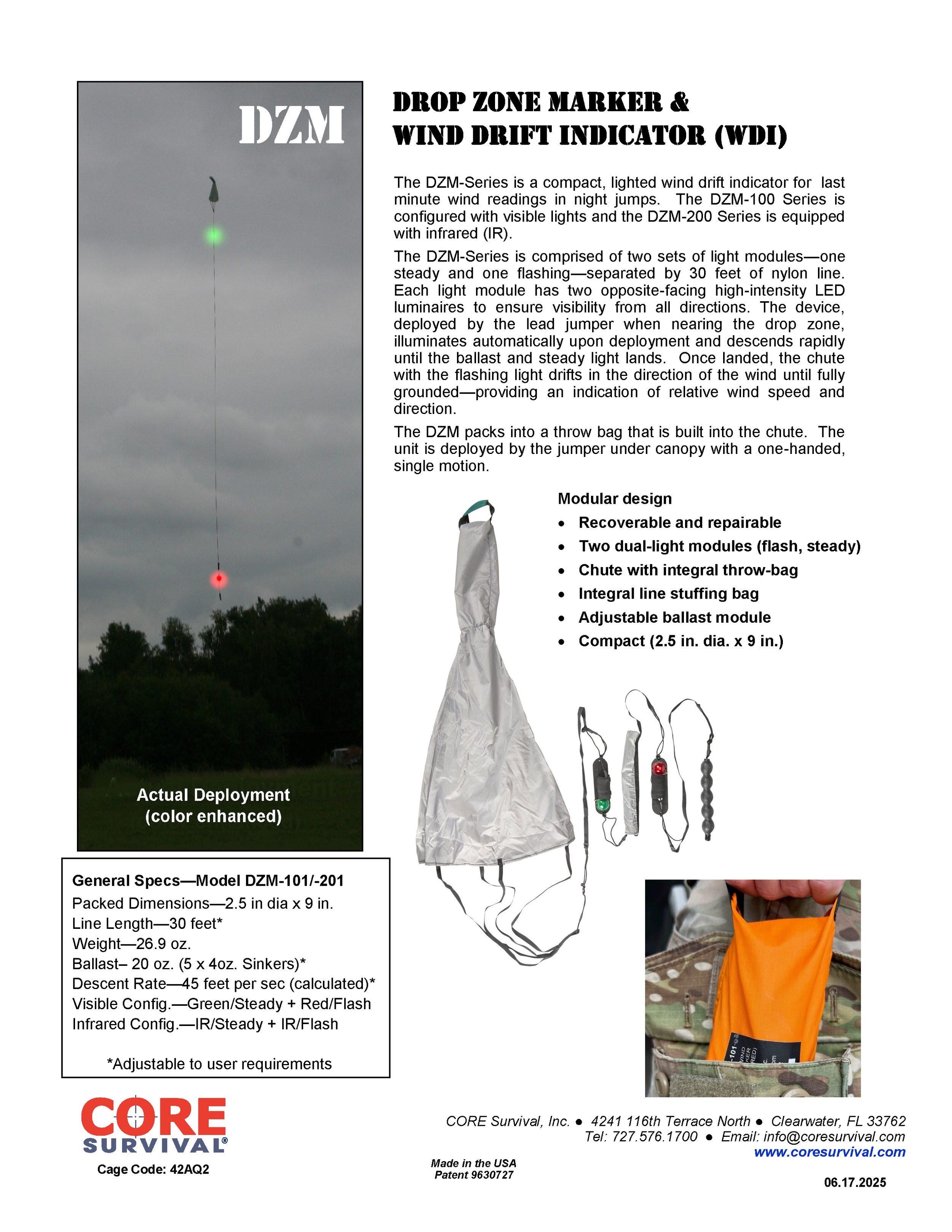 Product description and features for the DZM Drop Zone Marker and Wind Drift Indicator, including a photo of the device, a picture of the device in use showing a green light, and a close-up of the orange parachute bag, with specifications and brand information.