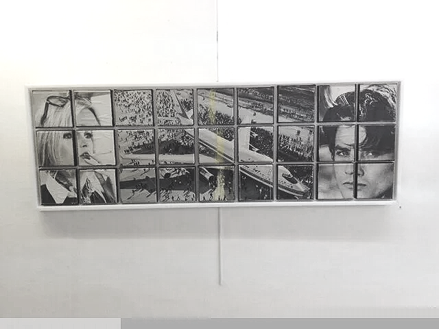 Kiss and fly 2014, Acrylique, papier journal et bas résille dans caisse américaine 34x100cm 
