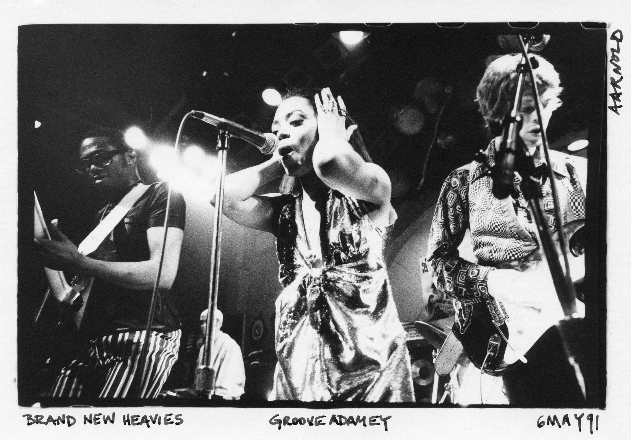 Brand New Heavies’ Andrew Levy, N'Dea Davenport & Simon Bartholomew at SOBs, 1991 (photo by Alice Arnold)