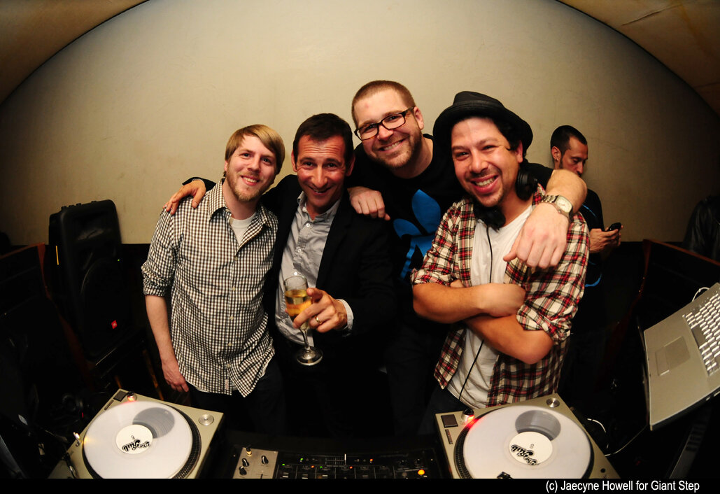 Maurice Bernstein with The Rub’s DJ Ayres, DJ Eleven & Cosmo Baker at Hudson in NYC, 2009 (Photo by Jaecyne Howell)