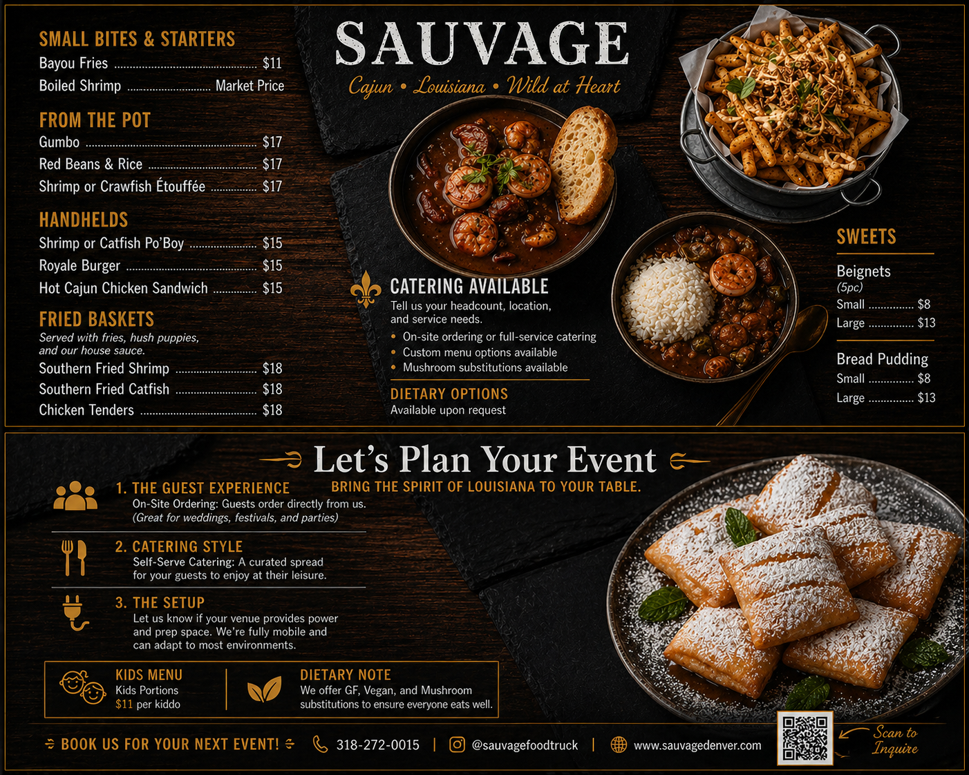 Menu showcasing Cajun Louisiana cuisine, featuring dishes like shrimp, gumbo, and pasta, with sweet beignets and bread pudding, and sections for small bites, main dishes, hand-helds, fried baskets, sweets, and event planning details.