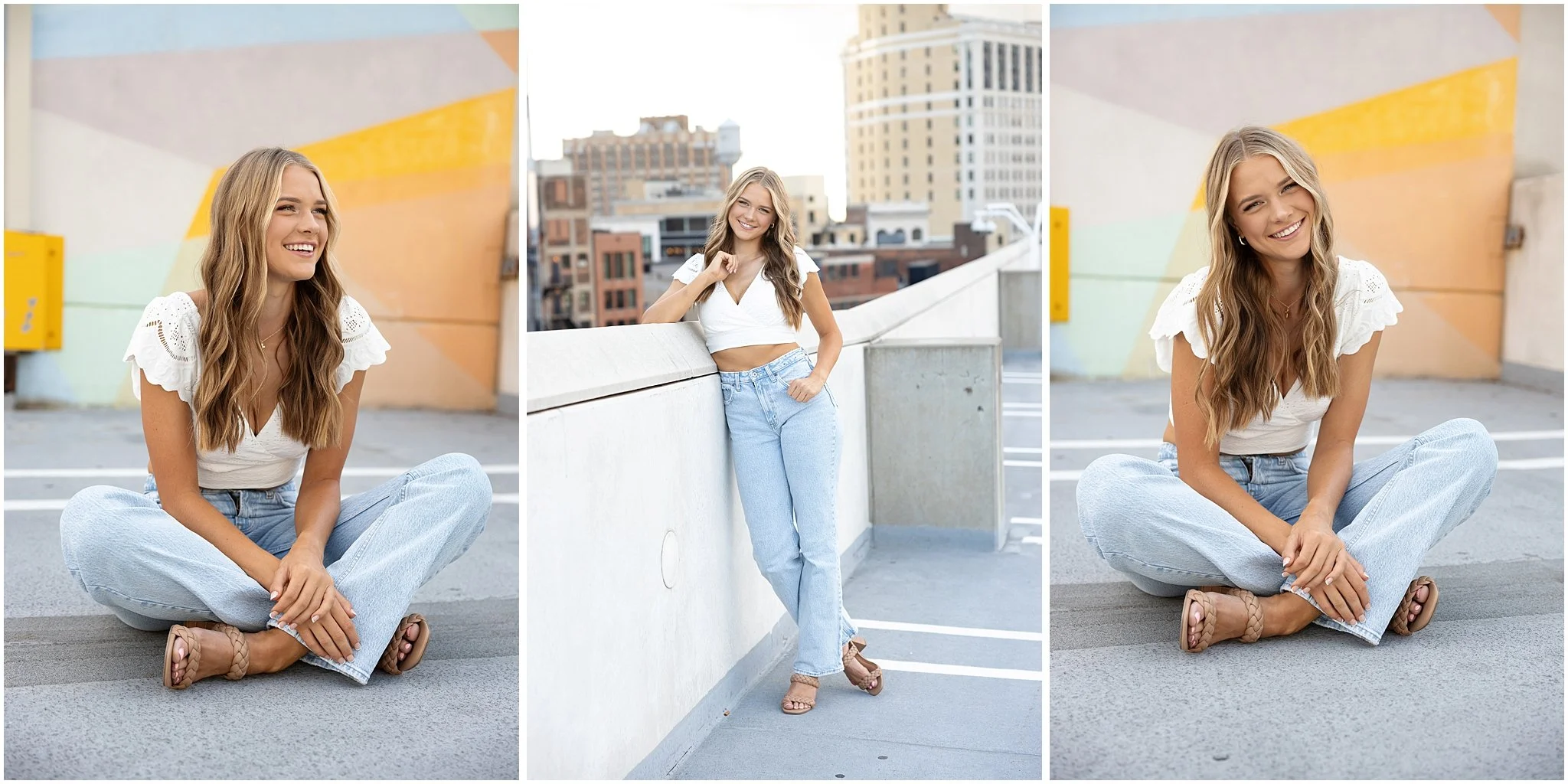 senior portrait of girl at Z parking garage rooftop Detroit skyline