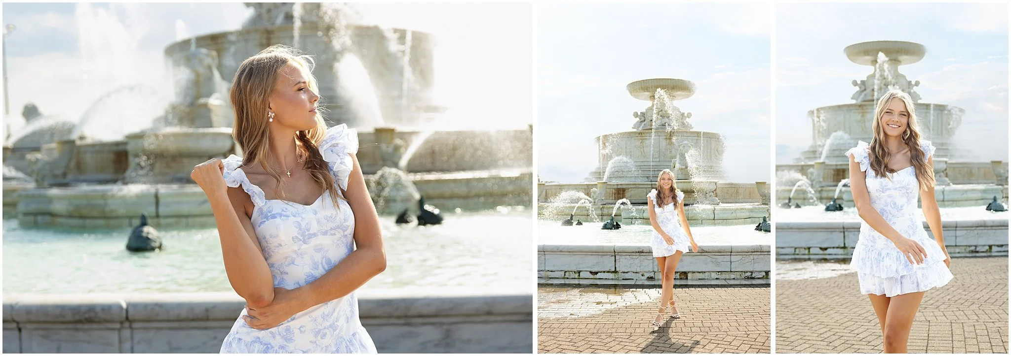 Detroit senior photos girl in front of Belle Isle fountain