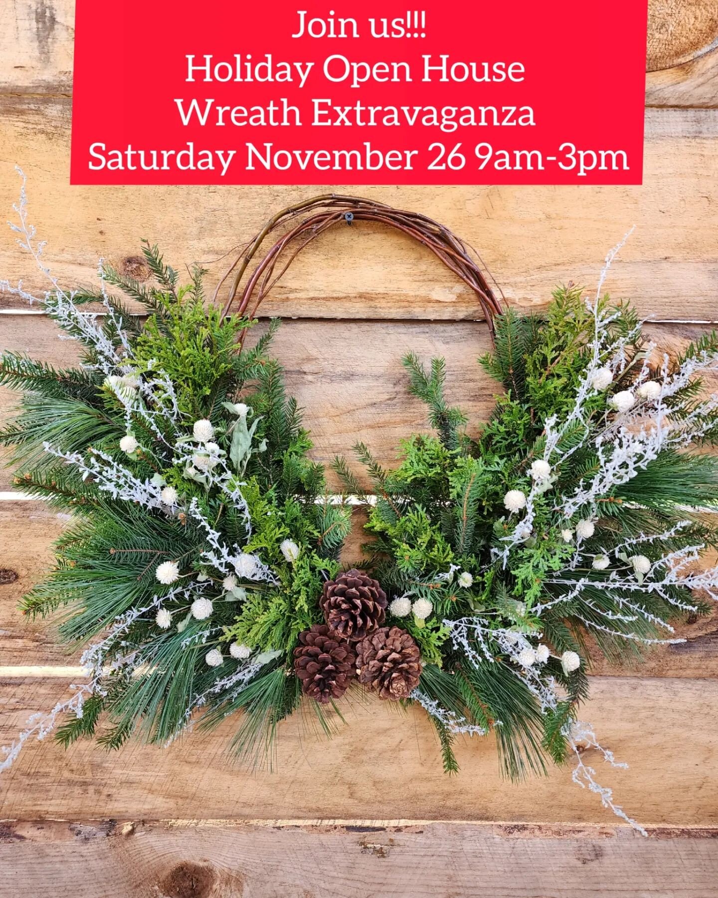 Bring a friend and join us for our Holiday Open House Wreath Extravaganza on Saturday, November 26 9am-3pm in our barn.  Come say hello and shop our hand-made wreaths.  We will have both evergreen and dried flower wreaths plus other items for decorat
