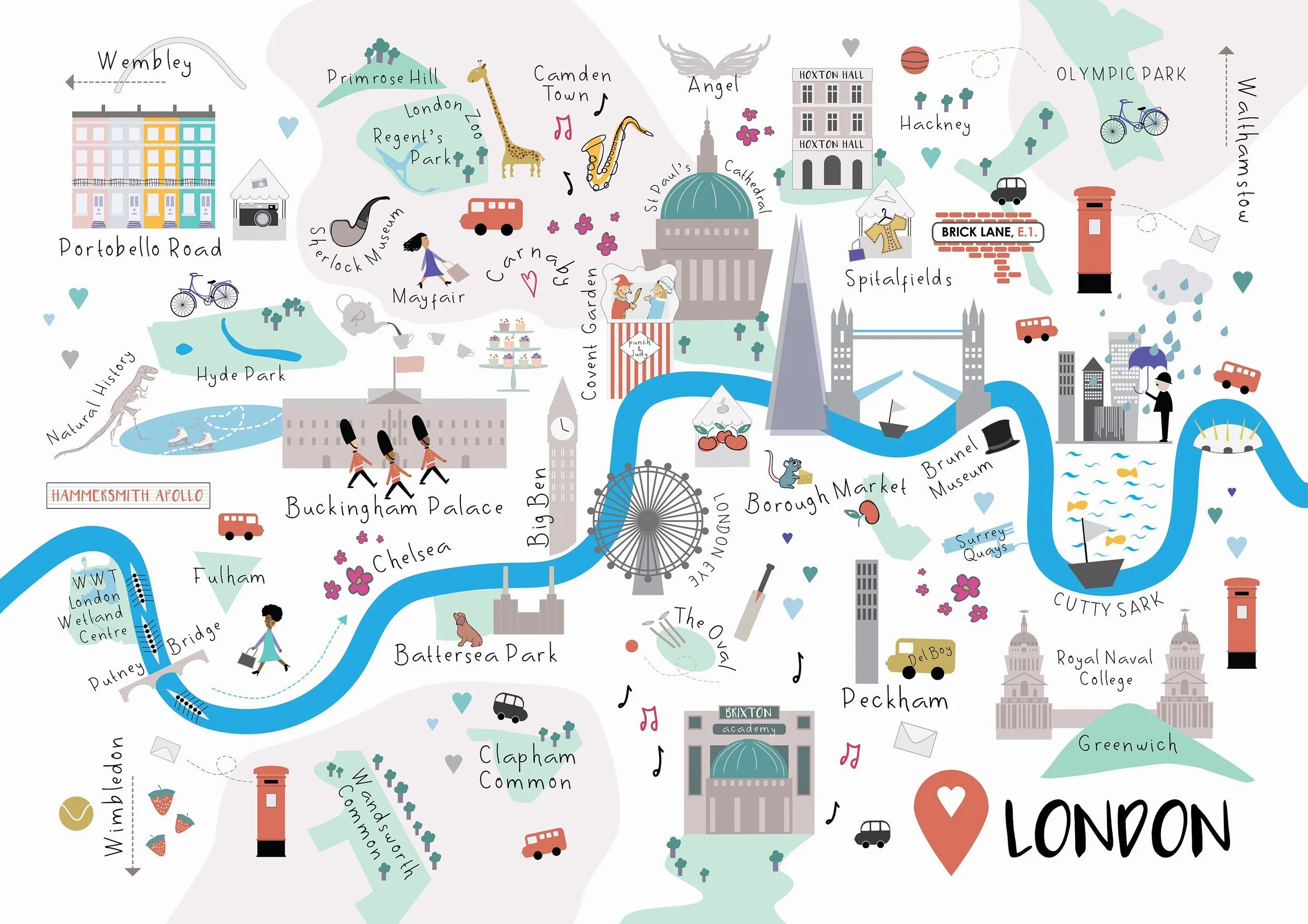 illustration of London with famous highlights depicted in cartoon style