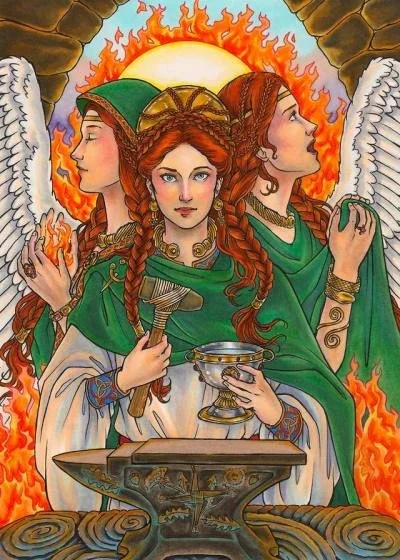 colourful painting of st brigid ringed in fire and holding various symbols associated with her