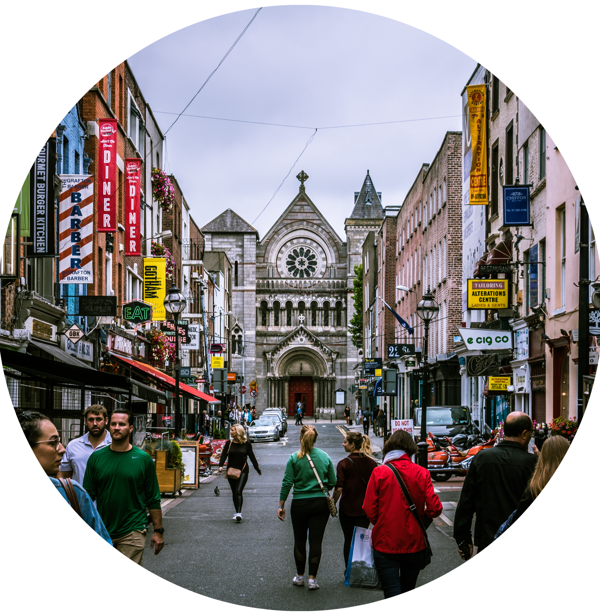 Dublin City Centre street view with a cathedral at the end