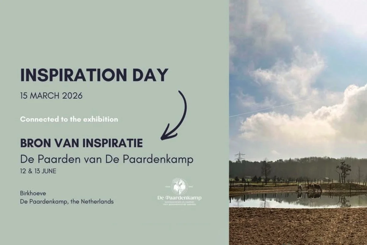 Event poster for Inspiration Day on March 15, 2026, connected to the exhibition Bron Van Inspiratie at De Paardenkamp in Birkhoeve, Netherlands, featuring a landscape with horses by a pond and a cloudy sky.