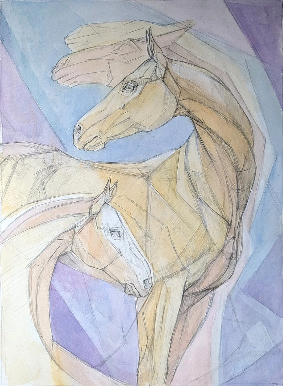 A sketch of two horses, one light-colored and one white, with a backdrop of geometric, pastel-colored shapes.