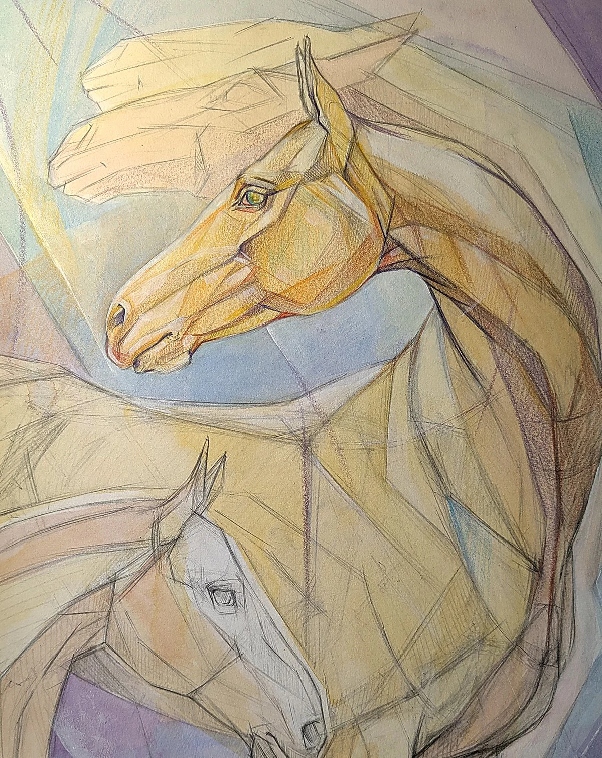 A colorful abstract drawing of three horses with detailed line work and shading.