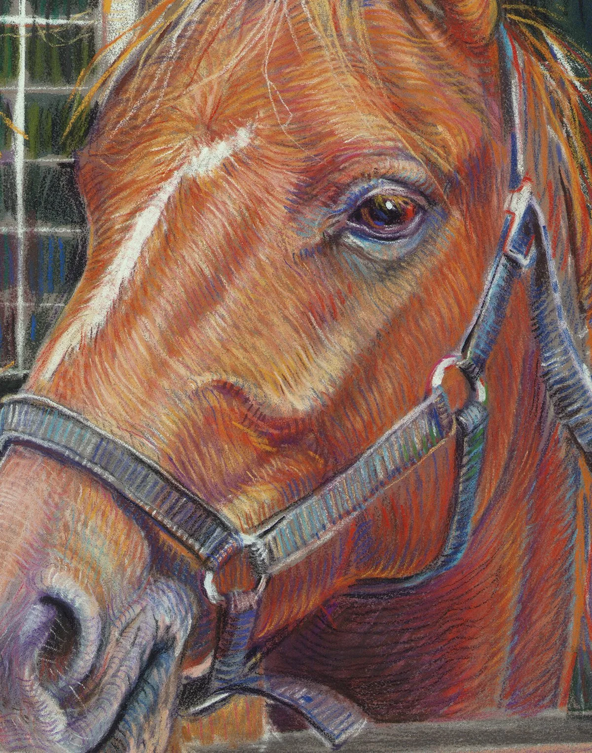A colorful, detailed painting of a horse's face with a bridle, focusing on the eye and facial features.