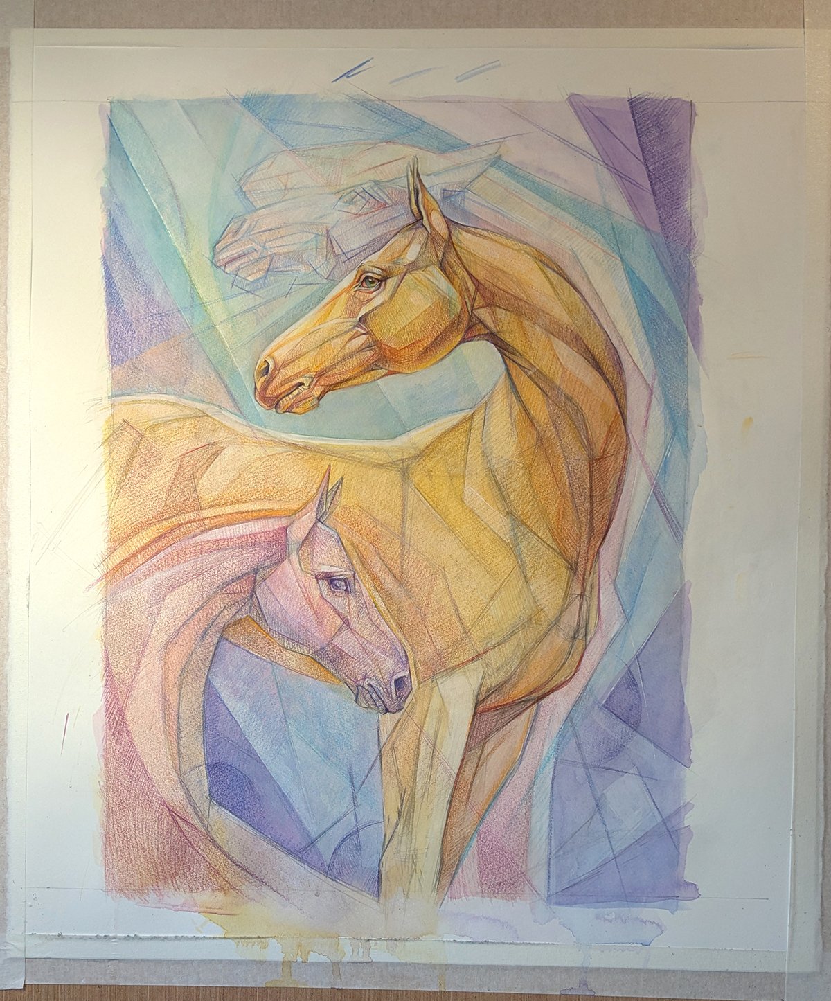 A colorful geometric-style drawing of three horses with overlapping, vibrant, pastel colors and abstract background.