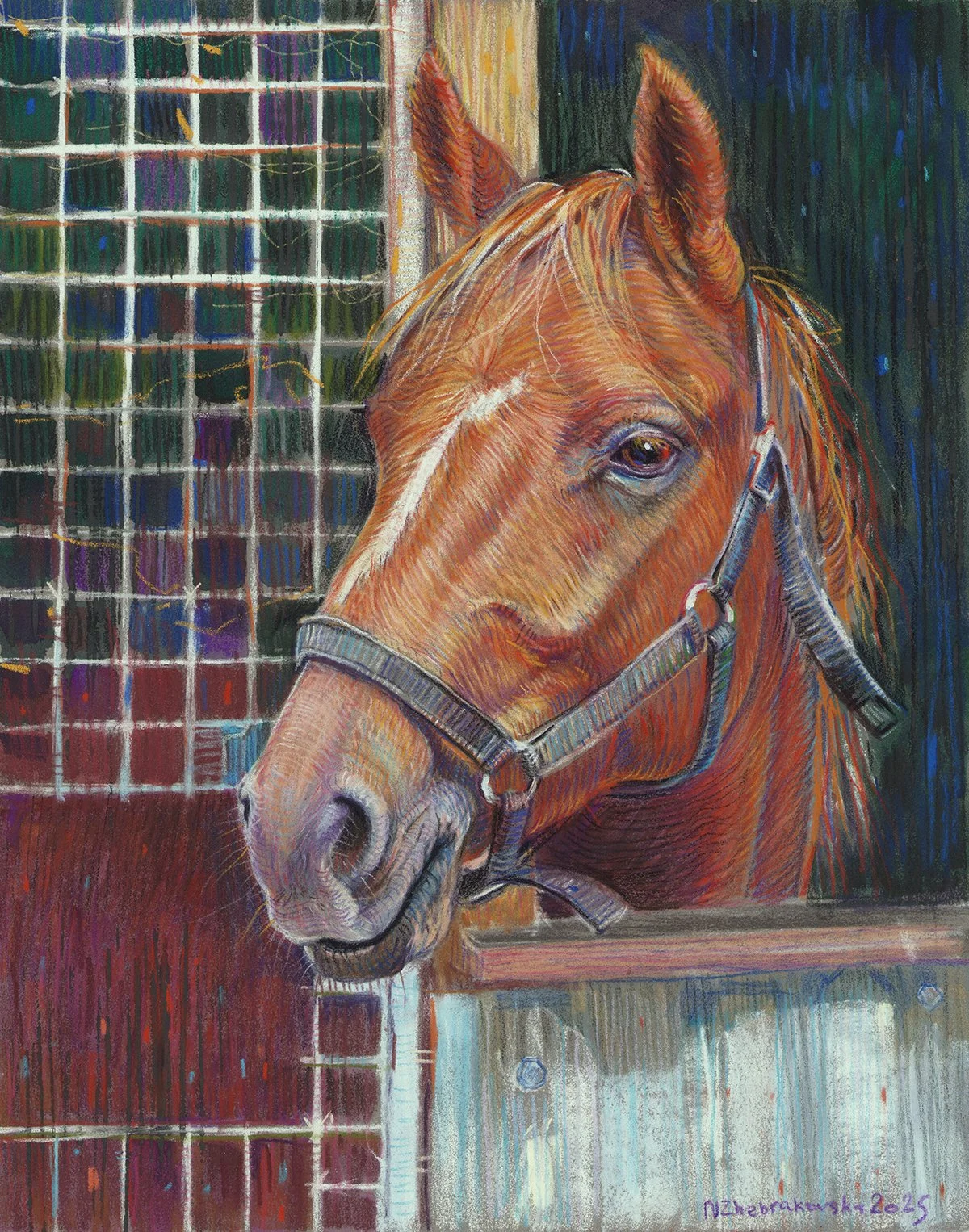 A colorful painting of a horse with a halter, standing in a stable with a multicolored background and a grid-like structure behind him.