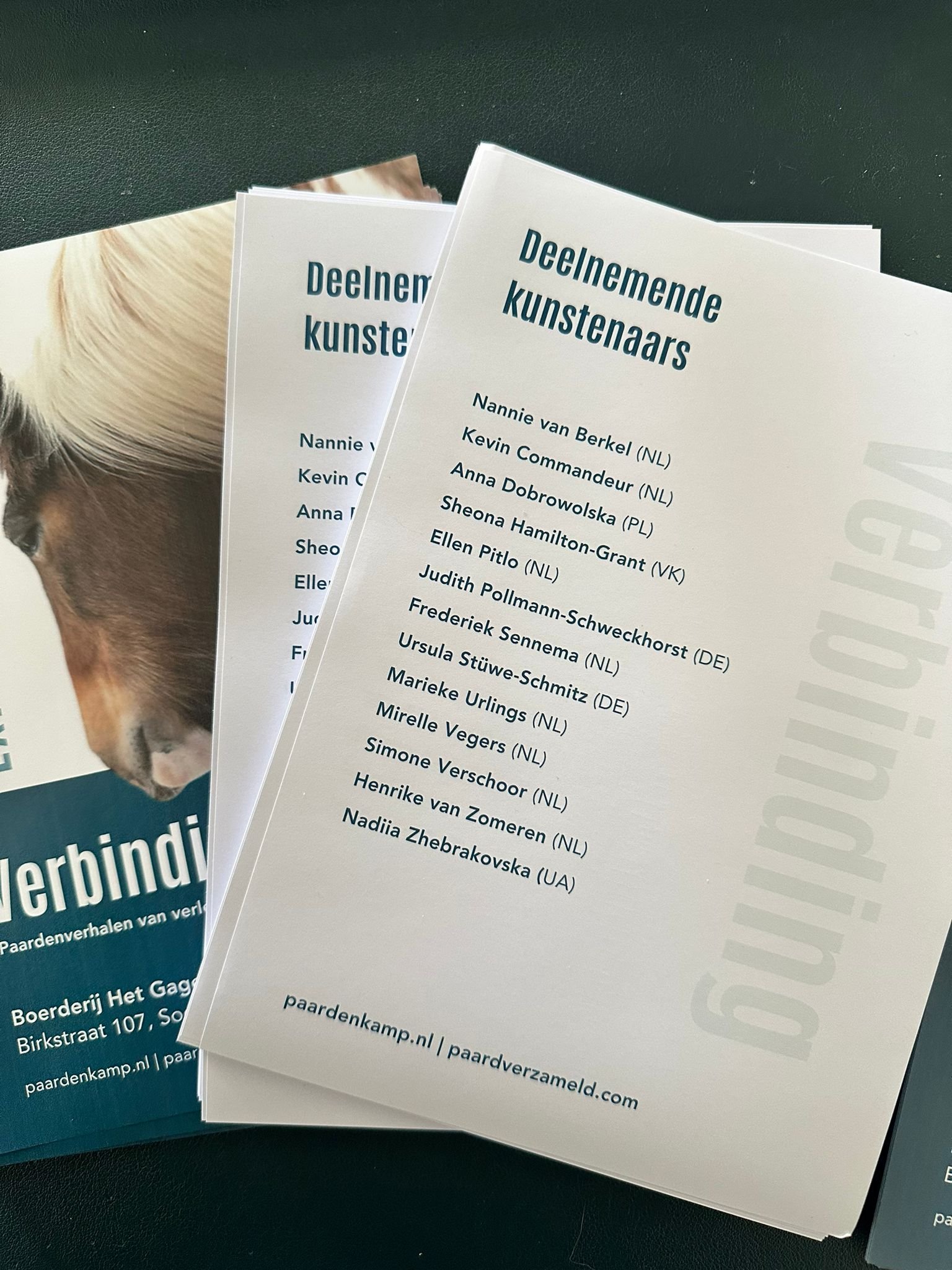 A stack of brochures titled 'Deelnemende kunstenaars' with names of artists listed, placed on a black surface, next to a second brochure featuring a horse and some text.