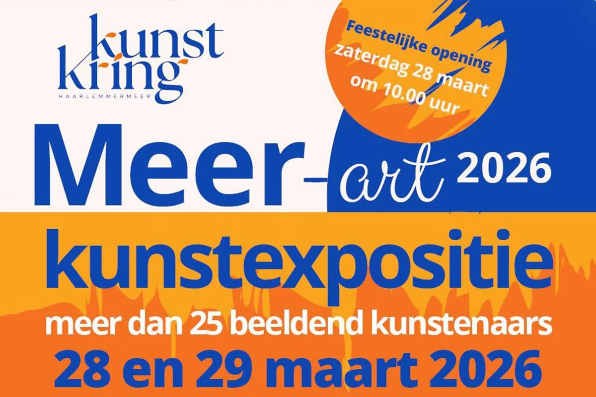 Poster for a cultural art exhibition at Kunstkring in Haarlemmermeer, featuring more than 25 artists, from March 28-29, 2026, with a festive opening on Saturday, March 28, at 10:00 AM.