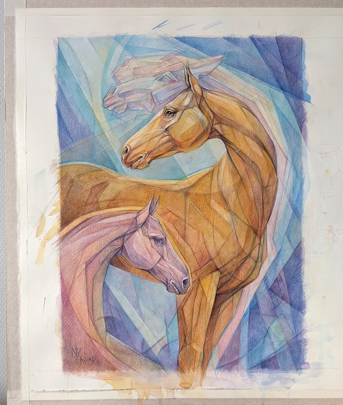 Colorful abstract drawing of three horses, with geometric shapes and overlapping shades of brown, pink, and blue.