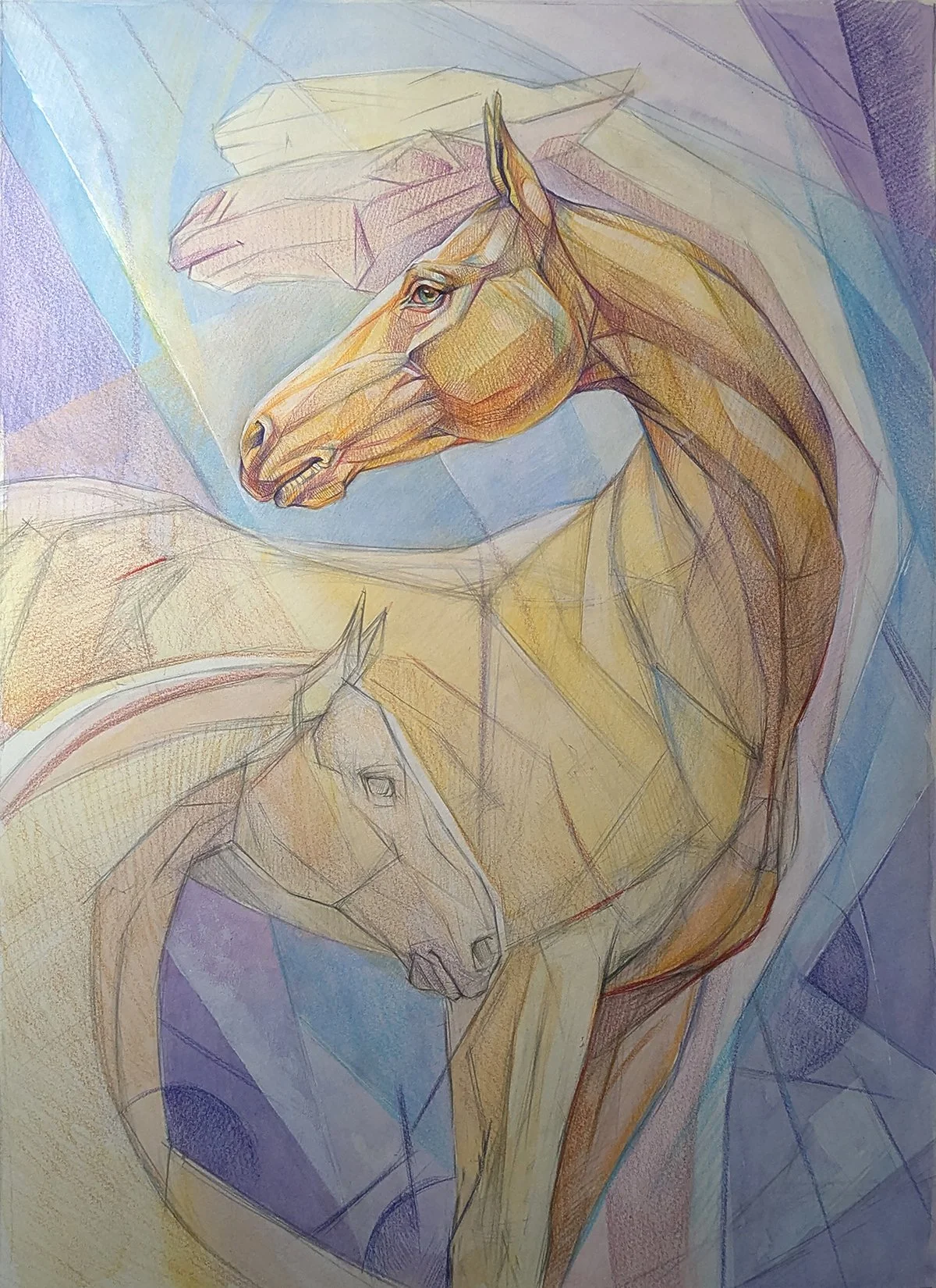 Colorful geometric and sketch-style drawing of three horses, one with a detailed head and the other two more simplified, set against a background of pastel shades.