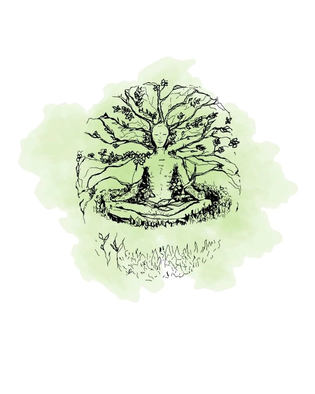 Line drawing of tree person meditating with a green watercolour wash