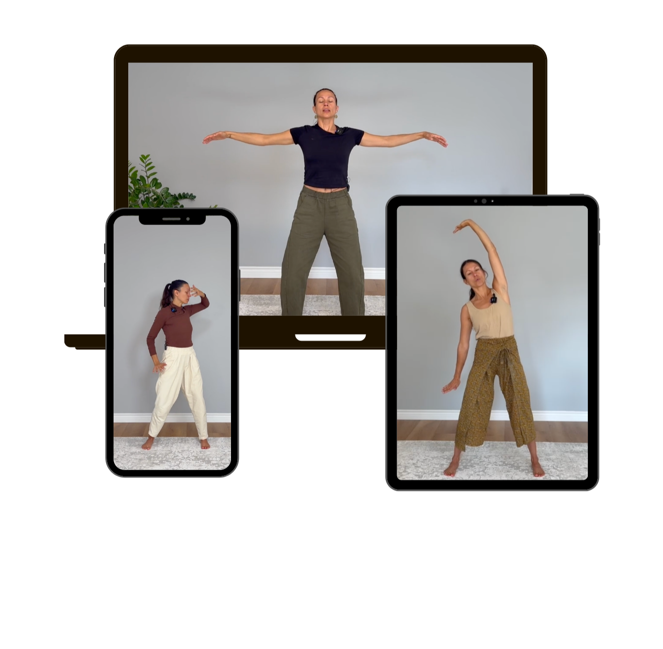 Women practicing yoga via video call on multiple devices showing different poses in front of a plain wall with a small plant in the background.