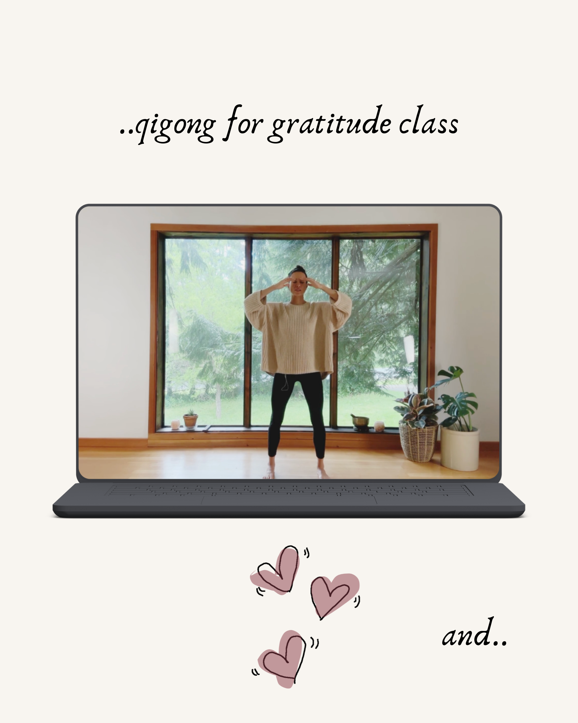Images of Stephanie Nosco Teaching Qigong class with text that reads "qigong for gratitude"