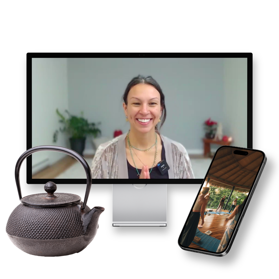 computer image with Stephanie Nosco smiling during class, teapot, and phone image with a group practicing qigong together