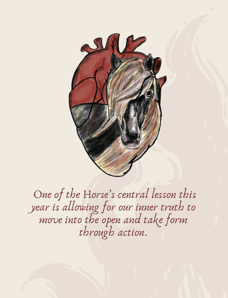 Handdrawn image of horse and heart with text " One of the Horse’s central lesson this year is allowing for our inner truth to move into the open and take form through action."