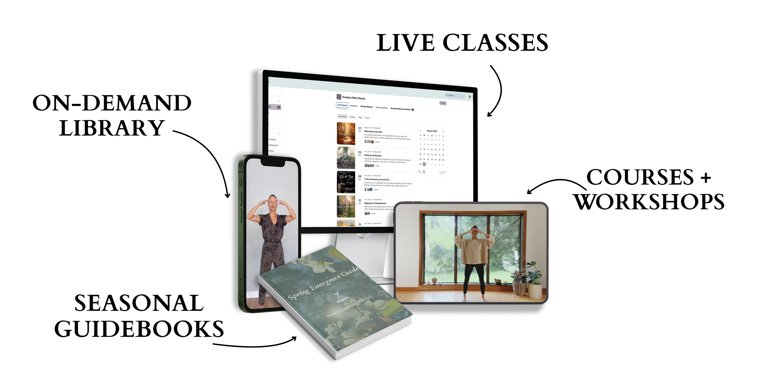 a computer, phone, and tablet depicting what's inside the practice path (classes, qigong). A seasonal workbook photo. Text says: LIVE CLASSES, COURSES + WORKSHOPS, SEASONAL GUIDEBOOKS, ON-DEMAND LIBRARY