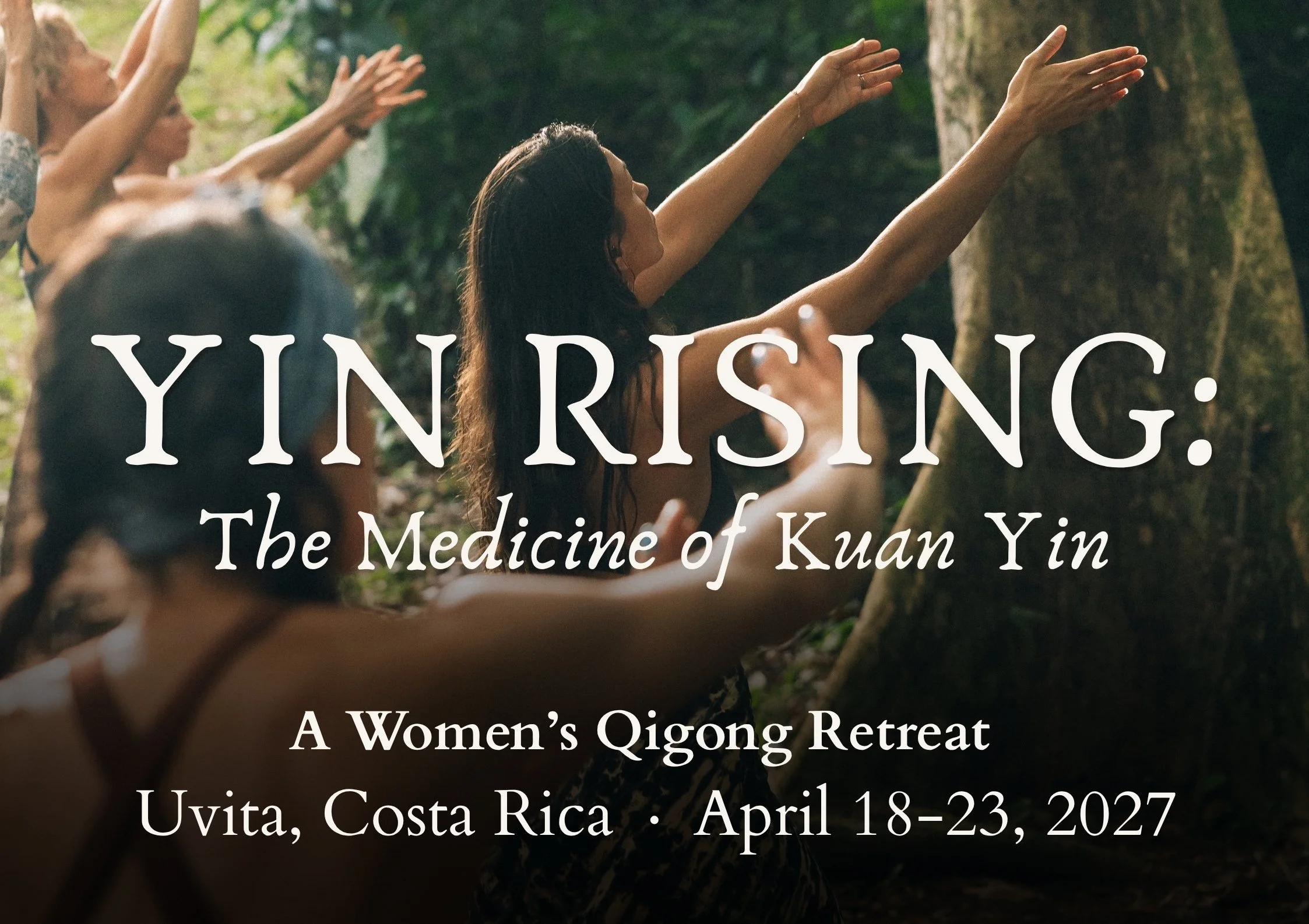 Women practicing Qigong outdoors in a forest during a retreat in Uvita, Costa Rica from April 18 to 23, 2027.