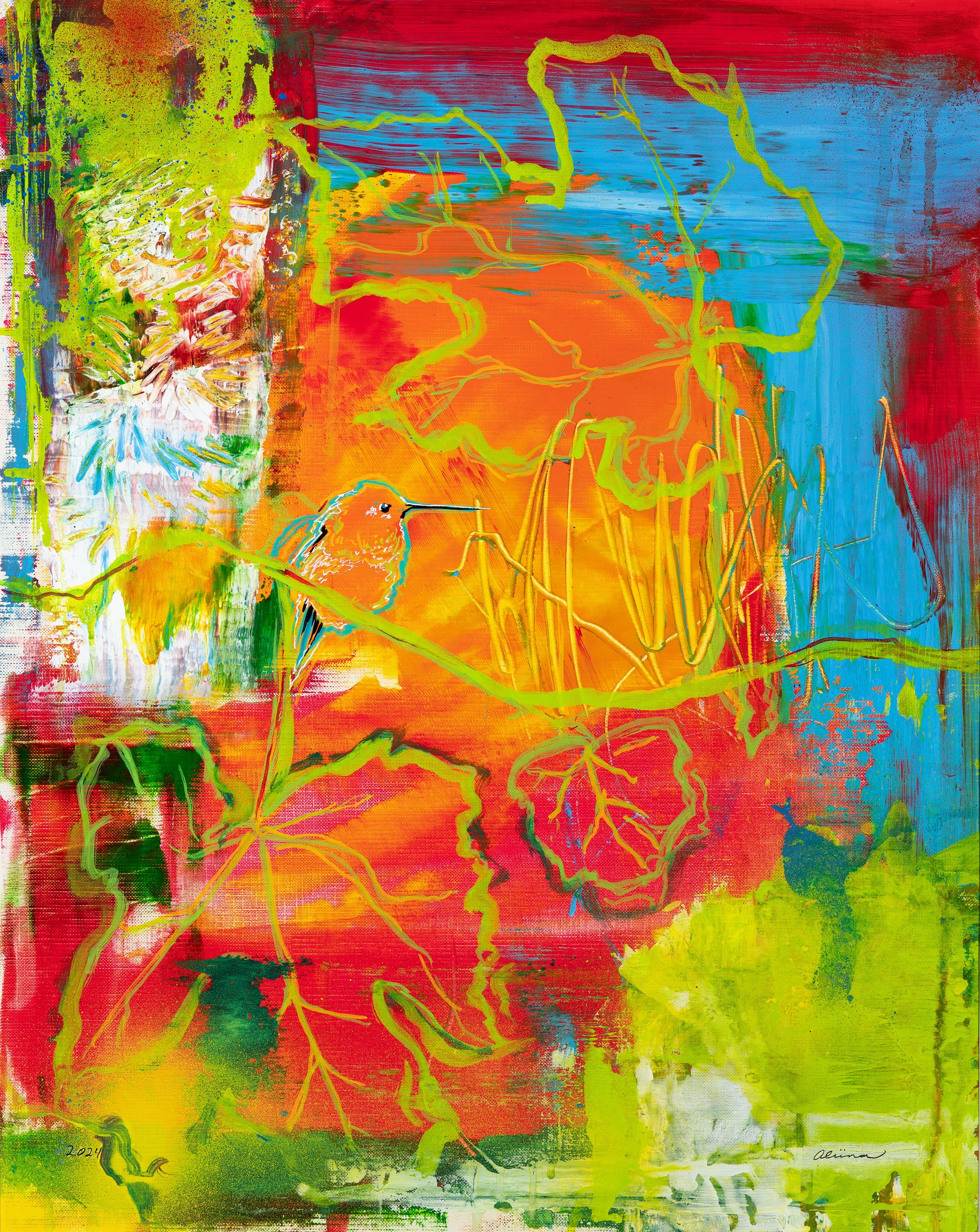 SOLD: Hummingbird in the grapes, acrylic on canvas paper, 16" x 20",  prints available