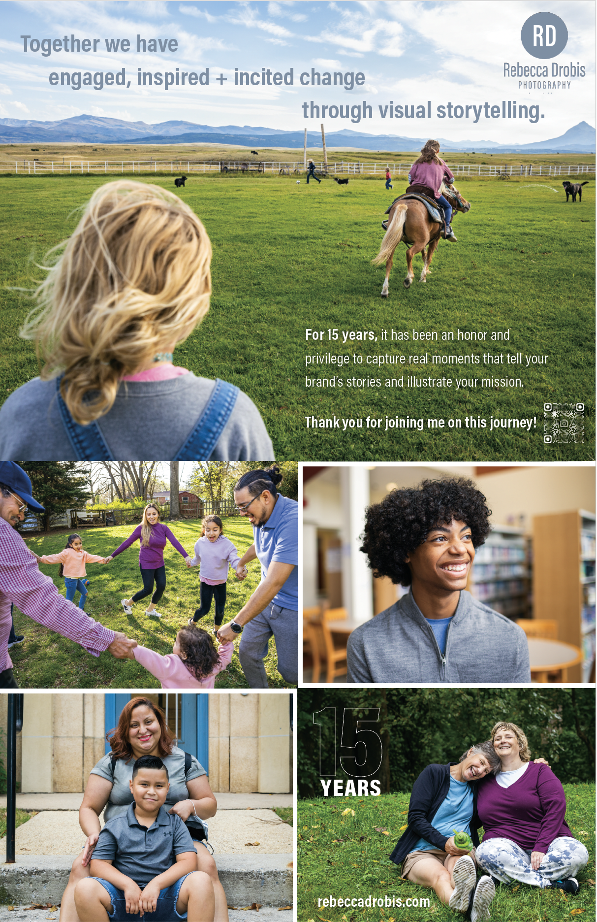 A collage of five images celebrating 15 years of professional storytelling. The top image shows a girl on horseback in a grassy field with mountains in the background. The middle left image depicts two women and three children playing and holding han