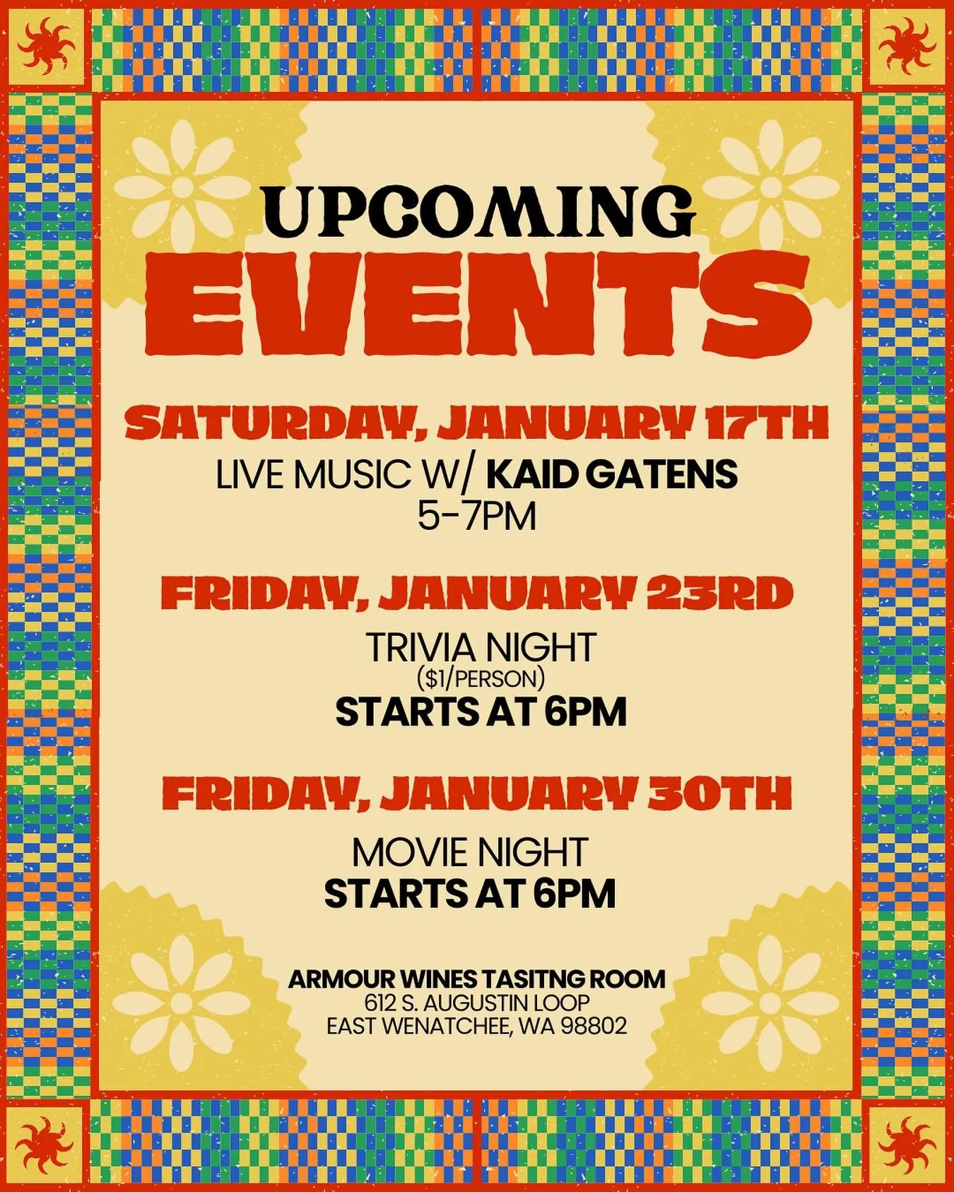 January fun!  Hope to see you at the Tasting Room! ✌🏻

Armour Wines Tasting Room
@ The Trades District
612 South Augustin Loop
East Wenatchee, WA
Wed-Sat |  Noon-6pm