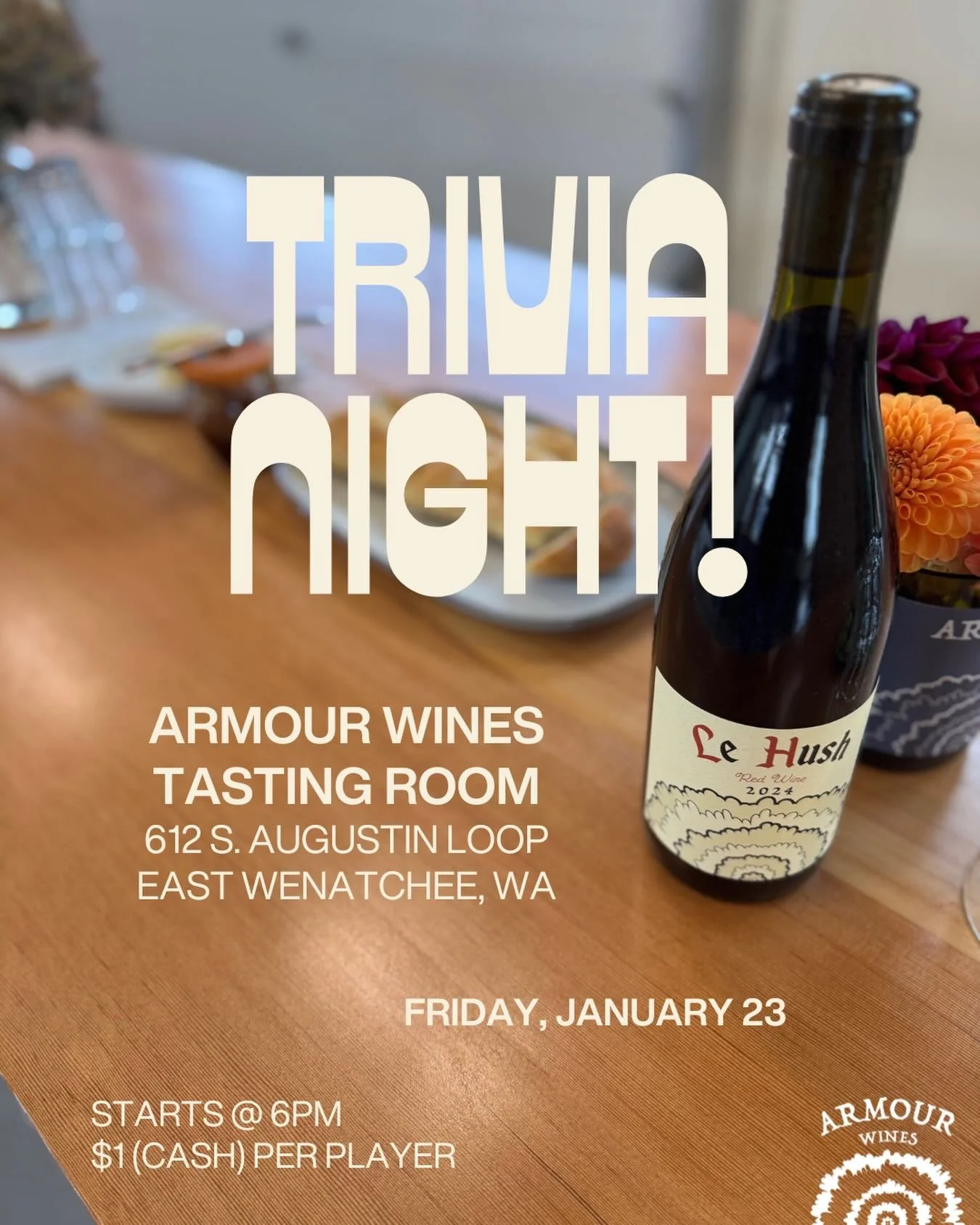 TRIVIA-NIGHT-PARTY-TOWN! this Friday the 23rd, 6pm.

Bring $1 bill per player. 💵 🍷 🎉