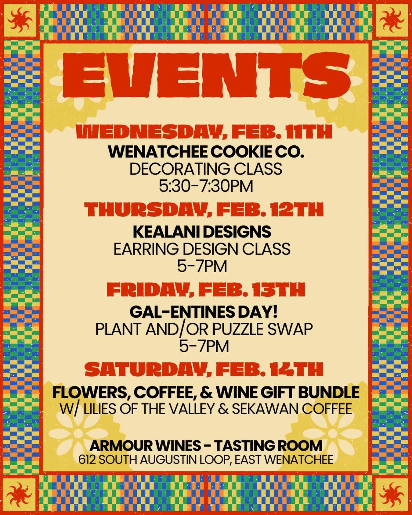 THiS WeEK!

So much cool stuff happening this week at the Tasting Room. 🍪 💎 🪴 🧩 💐 ☕️ 🍷 

*Flower/Coffee/Wine bundles are available to pickup all week.*

Armour Wines Tasting Room
612 South Augustin Loop
East Wenatchee, WA

Wednesday-Saturday, 1