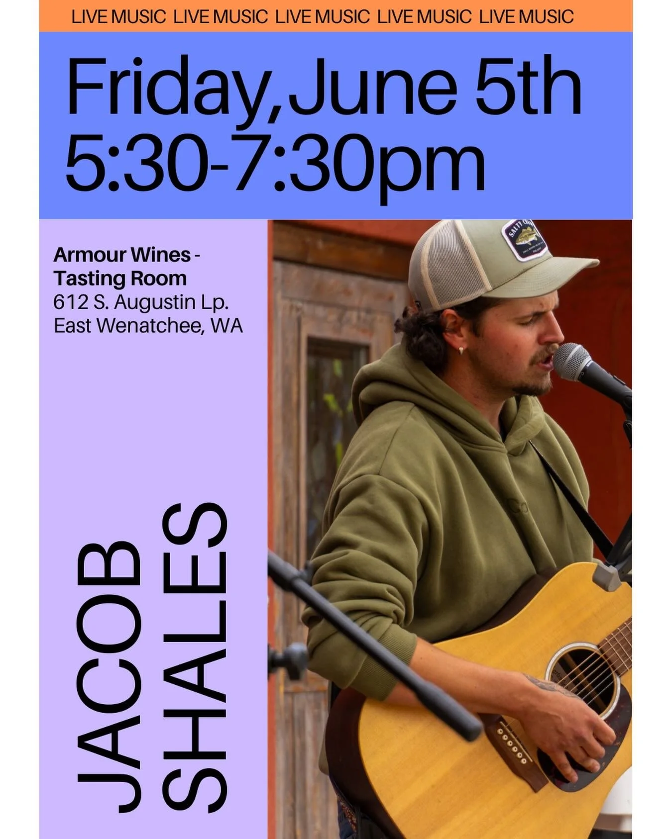 LIVE MUSIC this Friday, June 5th.  5:30-7:30pm

Armour Wines - Tasting Room
(at the Trades District)
612 South Augustin Loop
East Wenatchee, WA