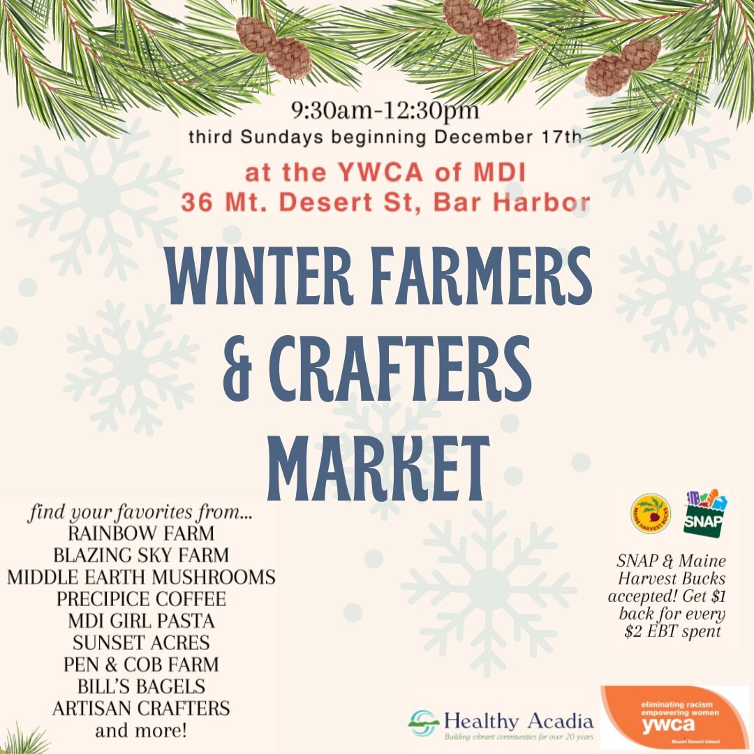 This Sunday! 
Winter Farmers &amp; Crafters Market at the YWCA 😎 Use SNAP on tasty local produce and earn a dollar of Maine Harvest Bucks for every $2 spent!