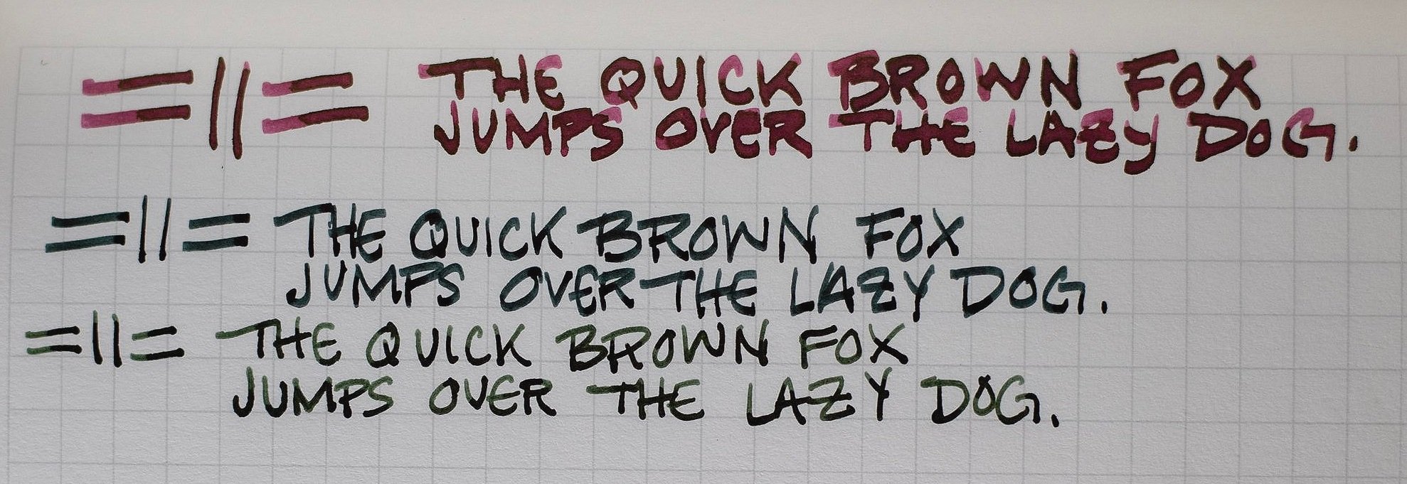  Similar to the middle picture, the top two (2) lines are written with architect grinds, but the bottom is an unaltered Sailor Medium Nib.   This picture demonstrates how different one architect grind can be from another, depending on the original si