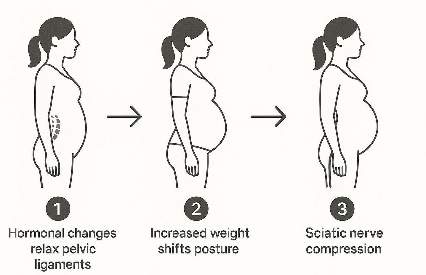 Pregnant woman with increasing hormonal changes causing sciatic compression in the low back