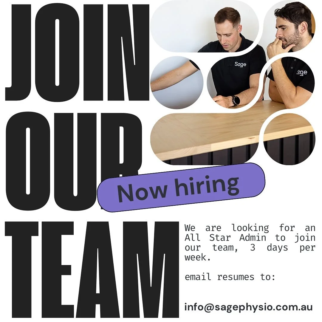 Tell your friends! We are looking for an admin to join our team. 
No experience necessary but a willingness to learn and confidence with communication and technology. 

Send resumes to info@sagephysio.com.au 
#jobvacancy #jobopportunity #physiotherap