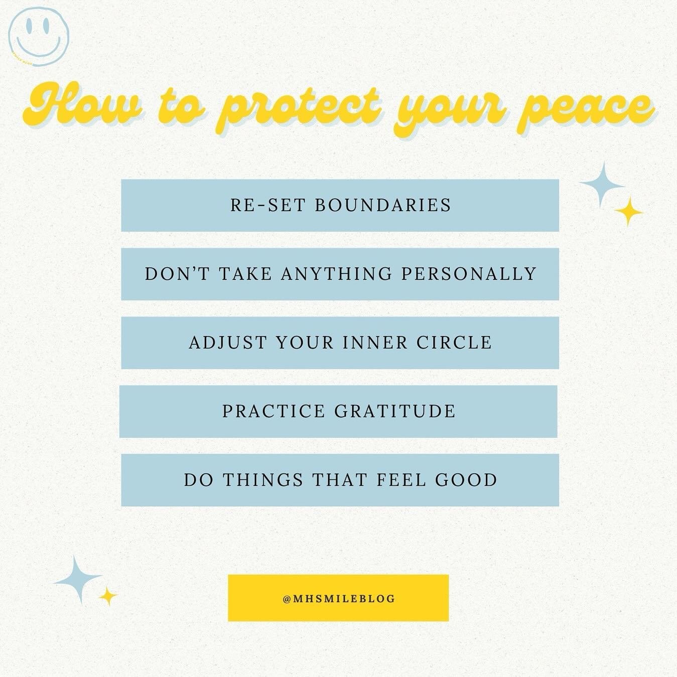 This mental health month we are focusing on protecting our peace! Here are some ways you can protect your peace. 

Have a great day⚡️🩵😁 
.
.
.
.
.
Want to learn more about us? Check us out @ mhsmileblog.com. Link is in bio

#selfcare #awareness #me