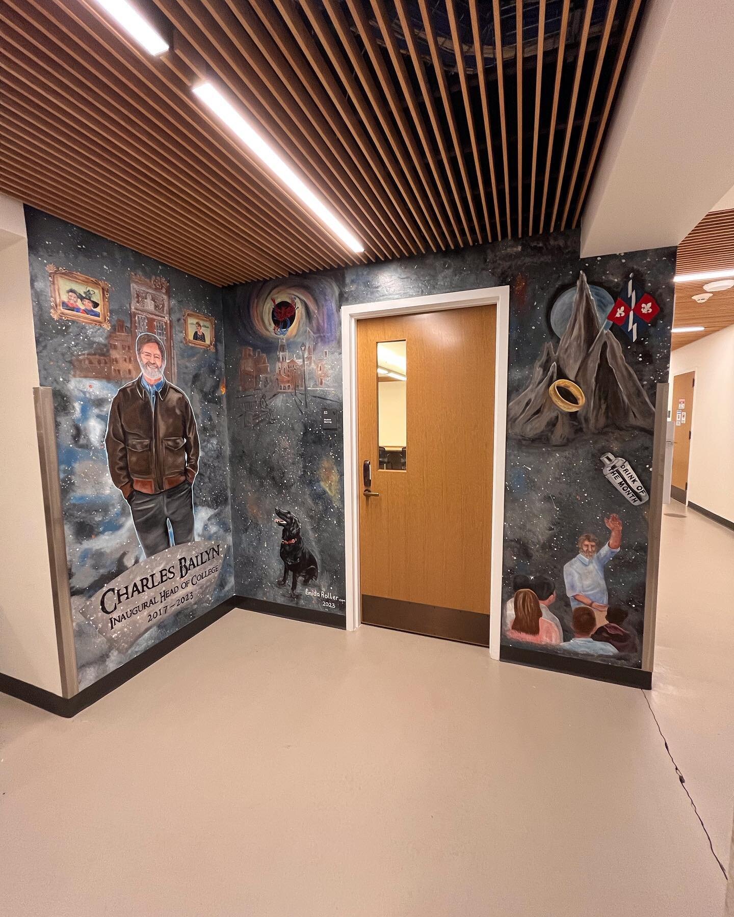 This mural commemorates the inaugural Head of College at the Benjamin Franklin College (2017-2023) at Yale University. Charles Bailyn is also a professor of astronomy and physics. A new tradition was started on the walls of lower level. Every Head of