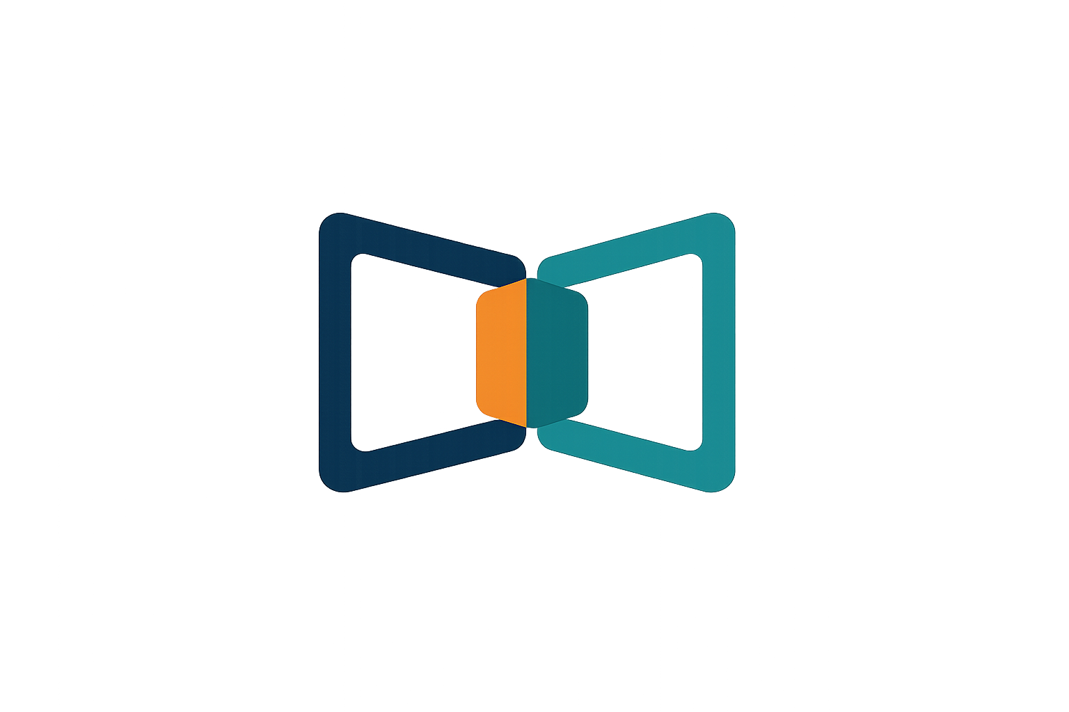 A stylized digital illustration featuring two square shapes, one orange and one blue, connected by a central black and blue rectangular element, set against a dark background with faint vertical lines.