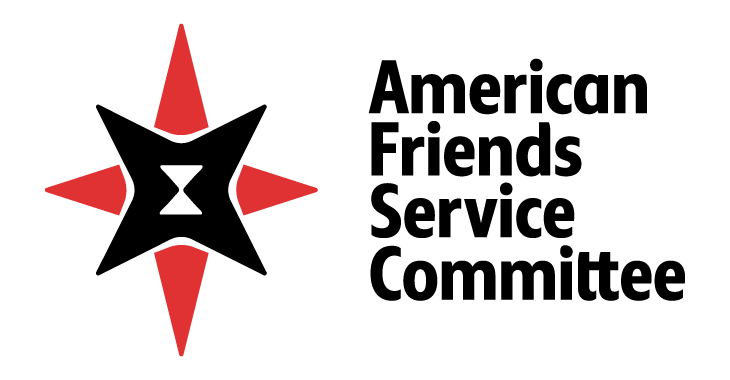 Logo for American Friends Service Committee with a black and white diagram of a compass rose with four red arrow-shaped pointers indicating north, south, east, and west directions.
