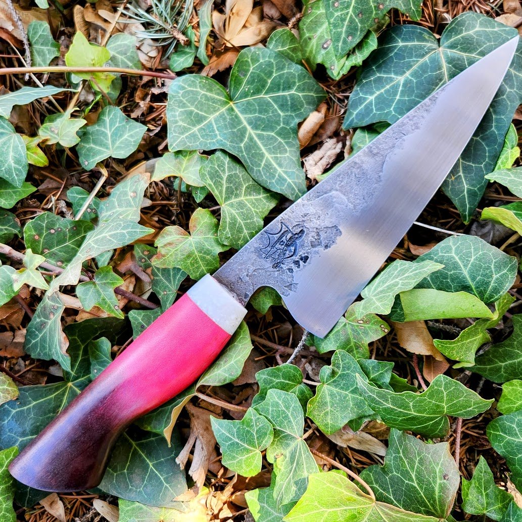 1084 Western Petty with Torched Pink Stabilized Maple Handle