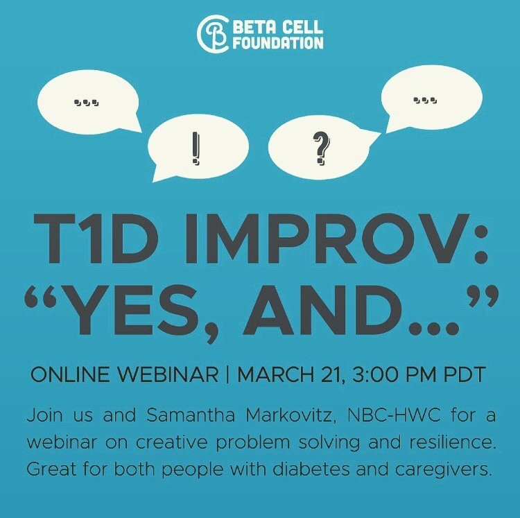 Tomorrow, we&rsquo;re talking T1D improv over on the March @betacellfoundation Better Together webinar! 💻 Very excited to hang out and look at the ways people with diabetes (and the people who love them) creative problem solve and build resilience j