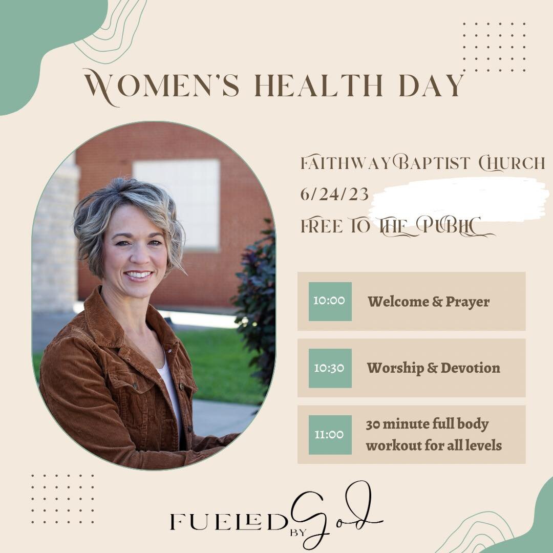 EXCITING NEW

📣📣📣📣📣📣📣📣📣📣📣📣📣📣

We are hosting a FREE Women&rsquo;s Health Day on June 24th!

10:00 Welcome &amp; Prayer
10:30 Worship &amp; Devotion
11:00 Full body workout for all levels 

Come &amp; join us for some faith, fun, and fri