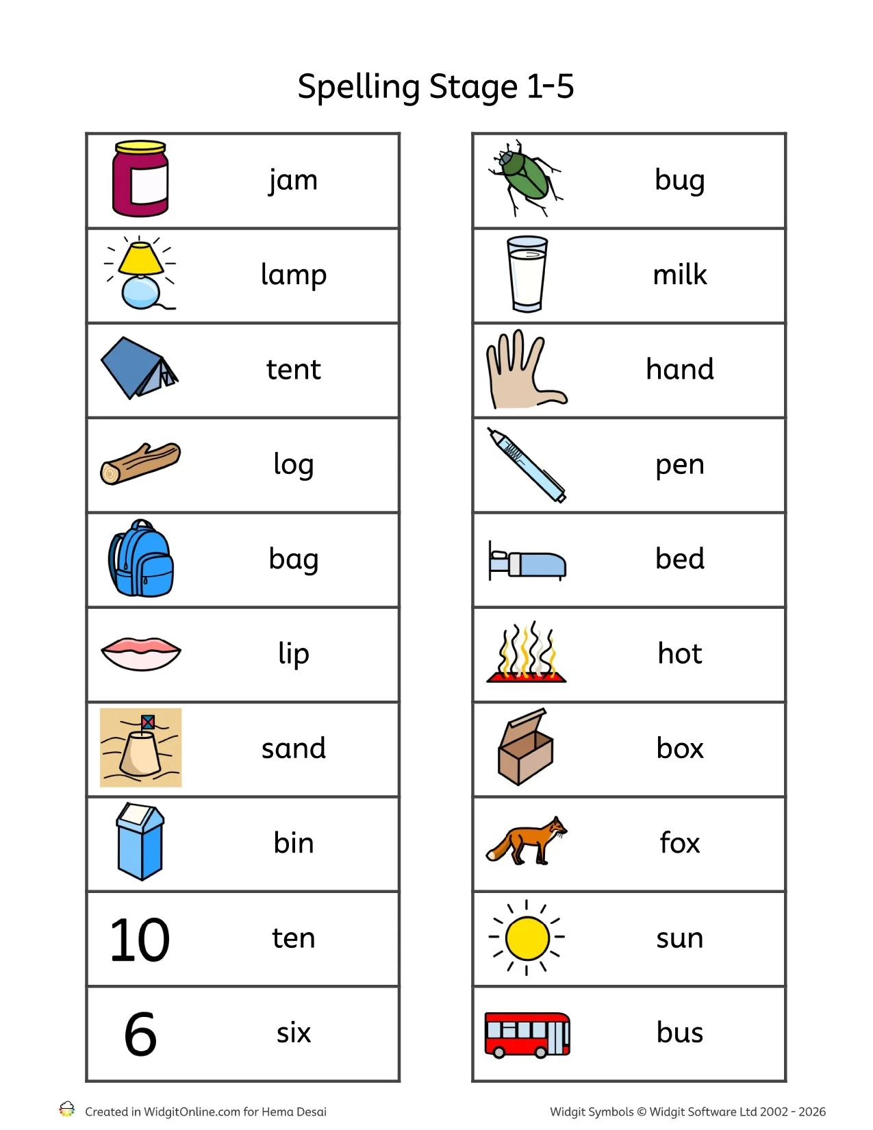 Spelling Worksheet Stage 1-5