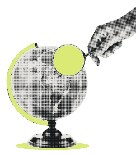 A hand using a dial to rotate a globe that has a yellow sphere orbiting it.