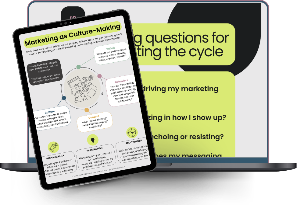 Open tablet displaying a diagram related to marketing culture-making, with sections on beliefs, behaviors, culture, content, responsibility, imagination, and relationship, alongside a larger open book with a yellow-green section of questions for marketing.