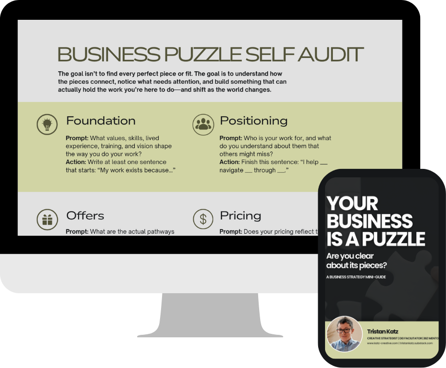 Business puzzle infographic showing key pieces of a successful business including offers, pricing, positioning, messaging, branding, content, systems, and sustainability.